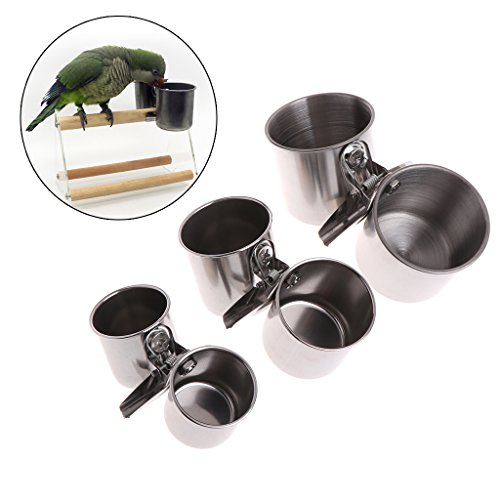 GROOMY Parrot Food Bowl, Food Water Feeding Bird Taza Doble con Clip Jaula de Loro de Acero Inoxidable Stand-S