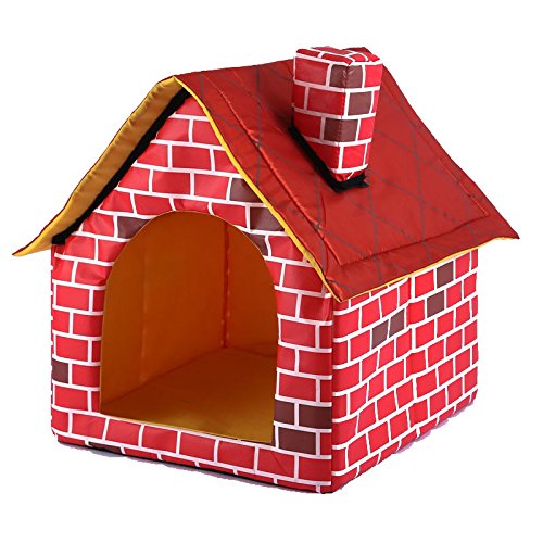 HelloCreate - Casa para gatos, caseta para perros, gatos, casa para perros pequeños, chimenea, ladrillo, casa para mascotas