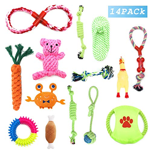 HEPAZ Juguetes para Perro,Juguetes para Masticar,Cuerda de algodón100% Natural,Juguetes para chirridos,Bolas de Perro,Huesos de Perro,Cuerdas para Perro,14unidades,Juego de Regalo