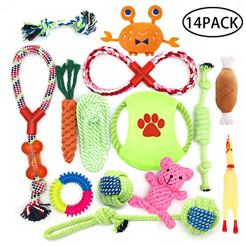 HEPAZ Juguetes para Perro,Juguetes para Masticar,Cuerda de algodón100% Natural,Juguetes para chirridos,Bolas de Perro,Huesos de Perro,Cuerdas para Perro,14unidades,Juego de Regalo