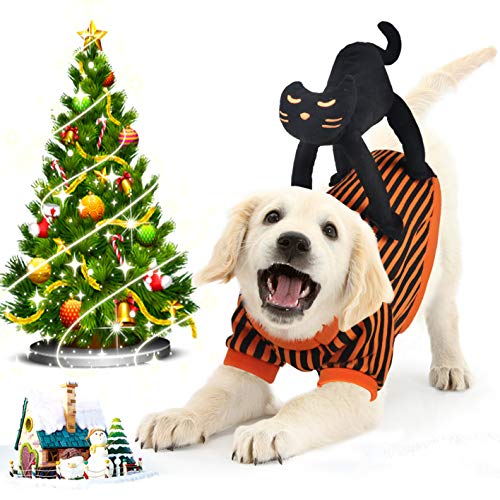 Idepet Abrigo Perro Navidad, Disfraz de Perro con Diseño de Gato Negro Disfraces Perros para Christmas Fiesta de Halloween Naranja Negro