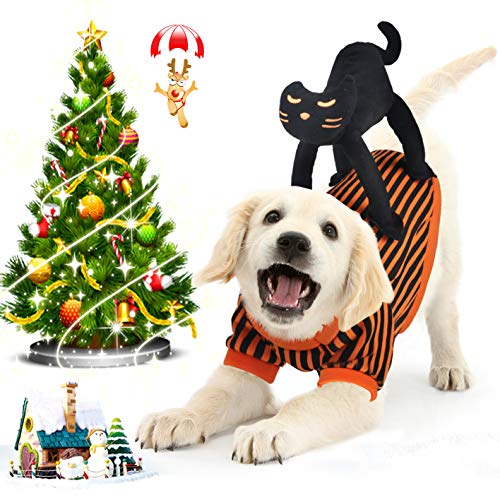 Idepet Abrigo Perro Navidad, Disfraz de Perro con Diseño de Gato Negro Disfraces Perros para Christmas Fiesta de Halloween Naranja Negro