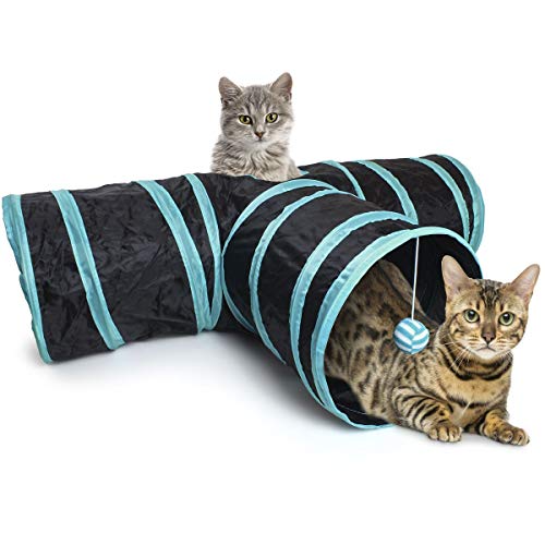 igadgitz Home U6979 - Túnel para Gatos Plegable con Tres vías Túnel Conejo Juego para Gatos Interactivo con Pelota Colgante - Hogar/Exterior - Negro/Ribete Azul