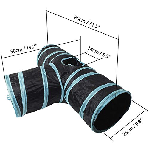 igadgitz Home U6979 - Túnel para Gatos Plegable con Tres vías Túnel Conejo Juego para Gatos Interactivo con Pelota Colgante - Hogar/Exterior - Negro/Ribete Azul