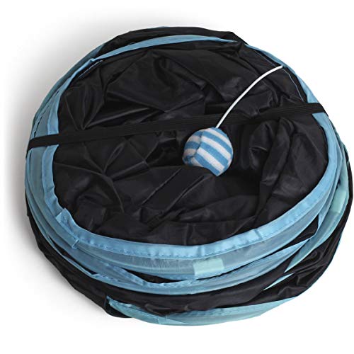 igadgitz Home U6979 - Túnel para Gatos Plegable con Tres vías Túnel Conejo Juego para Gatos Interactivo con Pelota Colgante - Hogar/Exterior - Negro/Ribete Azul