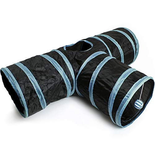 igadgitz Home U6979 - Túnel para Gatos Plegable con Tres vías Túnel Conejo Juego para Gatos Interactivo con Pelota Colgante - Hogar/Exterior - Negro/Ribete Azul