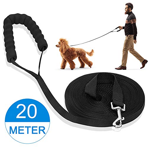 iNeego Correa Perro Adiestramiento 20 Metros Correa de Adiestramiento para Perros 20m Correas Básicas Nylon Resistente para Camping Paseo Longitud (20M con Mango, Negro)