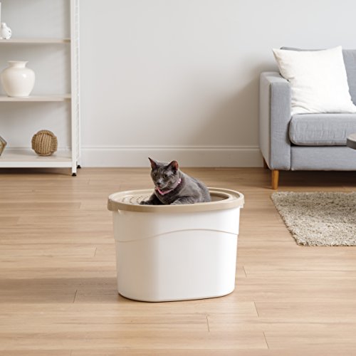 Iris Ohyama Casa Aseo para Gato con Agujeros En La Tapa, Entrada Superior Y Una Pala-Top Entry Cat Litter Box-Tecl-20, Plástico, Blanca y Beige, talla única