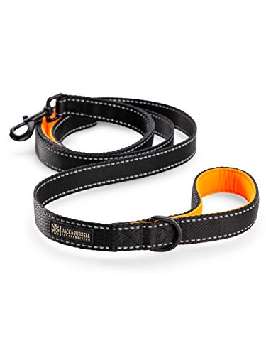 Jack & Russell Correa para Perro de Primera Calidad Rocky - Correa Deportiva para Perro mosquetón de Perno - Correa para Perro con Lazo de Mano de Agarre Suave Incl. Bolsa de Yute (Negro/Naranja)