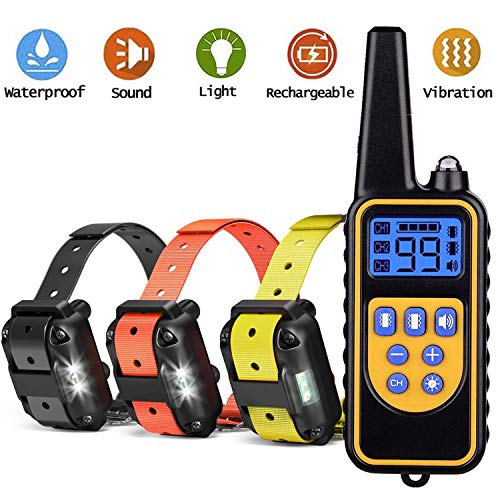 JJOBS Collar de Adiestramiento para Perros Sin Descargas Eléctricas con Rango de 800 Metros, Funciones Vibración, Sonido y Luz LED, Impermeable y Recargable (3 Perros)