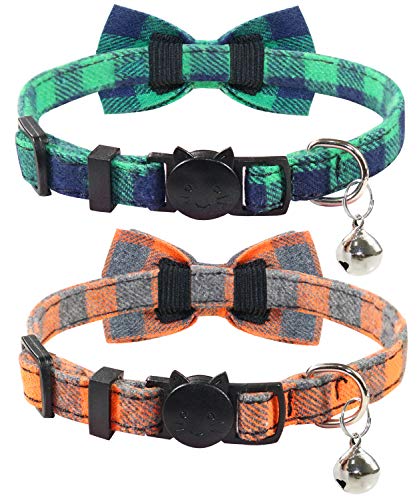 Joytale Collar para Gato con Pajarita & Cascabel, Collar Cierre Seguridad para Gatito,Verde + Naranja