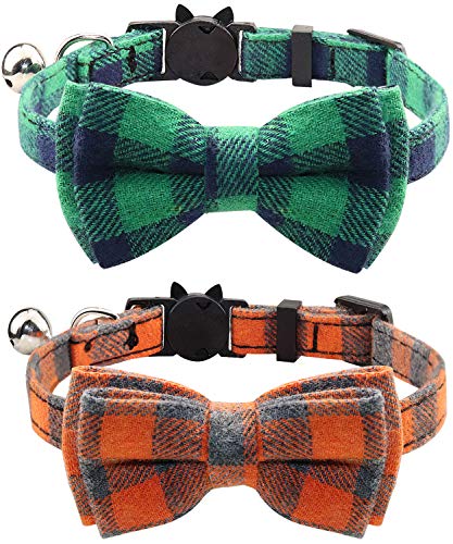 Joytale Collar para Gato con Pajarita & Cascabel, Collar Cierre Seguridad para Gatito,Verde + Naranja