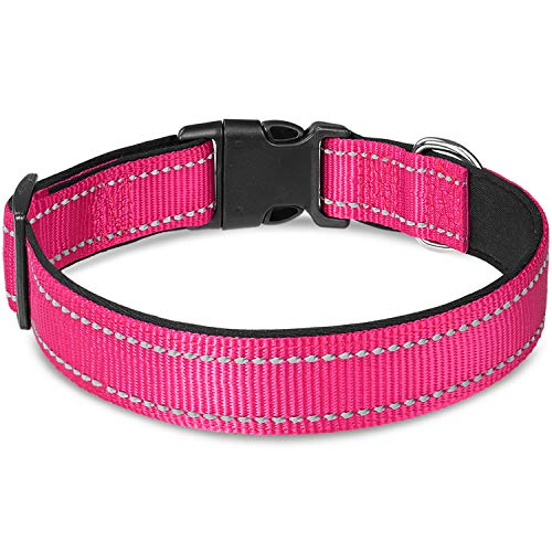 Joytale Collar Perro Reflectante,Nylon Collar Acolchado con Neopreno,Ajustable para Perros Grande,40-60cm,Rosa Caliente