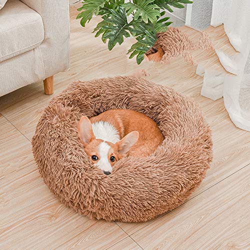 JUANstore Cama del Animal Doméstico, Cama del Perro, Buñuelo, Redondo, Cama De Gato, Perro Almohada, Sofá Perro para Gatos, Perros, Monocromo Macarrón Felpa Nido para Dormir,Marrón,55cm