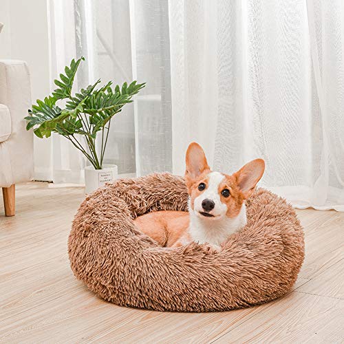 JUANstore Cama del Animal Doméstico, Cama del Perro, Buñuelo, Redondo, Cama De Gato, Perro Almohada, Sofá Perro para Gatos, Perros, Monocromo Macarrón Felpa Nido para Dormir,Marrón,55cm