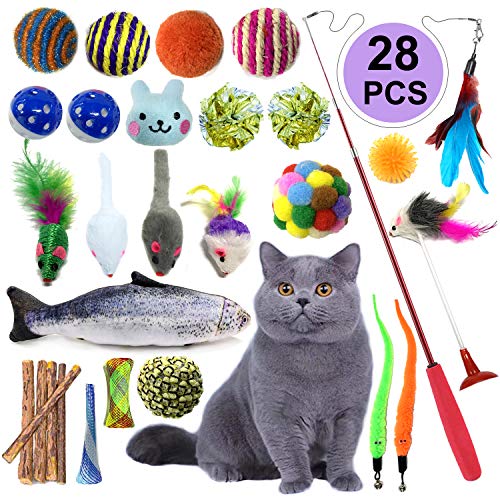 Juguetes Para Gatos 28 Piezas, PietyPet Juguete Interactivo Varita Retráctil con Gatos Ratón, Bolas Campanas, Plumas Cabezas de Repuesto Catnip Ball Juguetes Gatos para Kitty Mascota Gato Juguetes