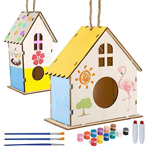 juman634 2 Paquetes: Construcción Y Pintura DIY Birdhouse (Incluidas Pinturas Y Pinceles) -Crafts DIY Birdhouse Kit Adecuado para Niños Menores De 3-10 Años: Atrae La Decoración del Hogar Birdie