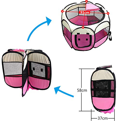 KEESIN Tienda de Campaña Plegable para Mascotas con 8 Paneles de Malla, para Perro, Gato, Conejo ,73*73*43cm Rosa