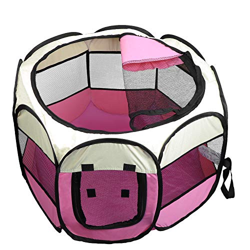 KEESIN Tienda de Campaña Plegable para Mascotas con 8 Paneles de Malla, para Perro, Gato, Conejo ,73*73*43cm Rosa