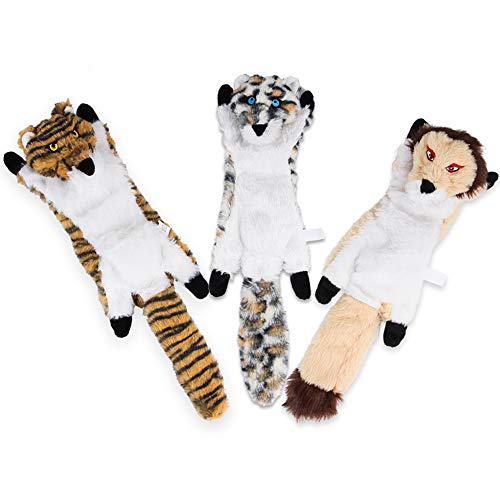 LeerKing Juguete para Masticar Perros Sin Relleno Peluche Chirriante Juguete para Perros Mascota Cachorro con 3 PCS Adorable Animal Looking Tiger Leopard Lion