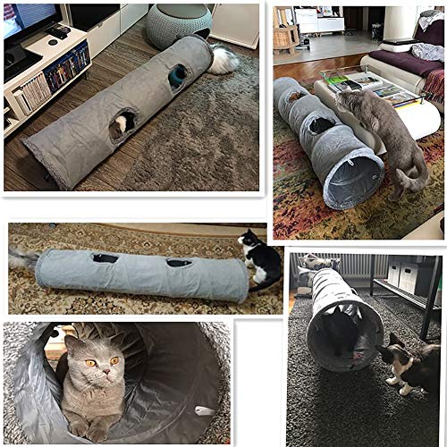 LeerKing Túnel Plegable para Gatos Tubo de Juguete Largo para Mascotas con 2 Agujeros, Gris 130 * 30cm