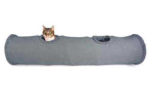 LeerKing Túnel Plegable para Gatos Tubo de Juguete Largo para Mascotas con 2 Agujeros, Gris 130 * 30cm