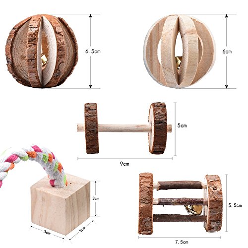 Leisuretime 5 Piezas Conjunto de Juguetes para Mascotas Little Pets Chew Toys de Madera Pine Dumbells Unicycle Bell Roller Chew Toy para Gatos Conejos Hamster Rat