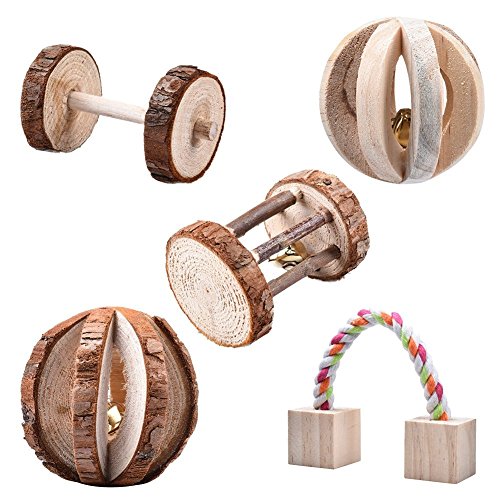 Leisuretime 5 Piezas Conjunto de Juguetes para Mascotas Little Pets Chew Toys de Madera Pine Dumbells Unicycle Bell Roller Chew Toy para Gatos Conejos Hamster Rat