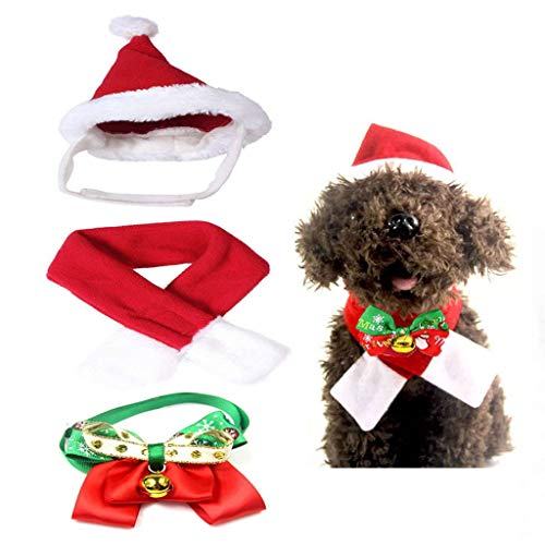 LIZHIGE 4 Piezas de Sombrero Bufanda Collar Campana Pajarita de Mascotas de Navidad para Perros Gatos Mascotas Pequeños