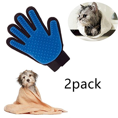 Locisne 2Packs perro de mascota Gato limpieza de baño cepillo guante Silicona True Touch para masaje suave y eficiente Grooming Groomer Eliminación removedor pelo Limpiar el guante,la mano derechas