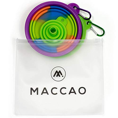 MACCAO – Juego de 2 comederos de Viaje para Perros, de Silicona, Plegables, para Perros y Gatos, Ideal para Viajes, comedero, Bebedero de Agua, Plegable, Bolsa para Llevar + Embudo para Ahorrar Agua