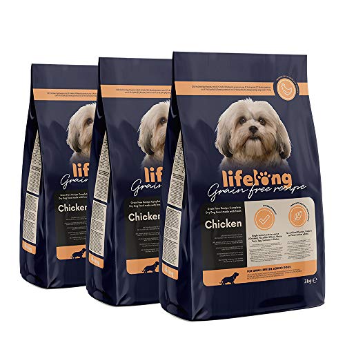 Marca Amazon - Lifelong Alimento seco completo con pollo fresco para perros sénior de razas pequeñas, receta sin cereales - 3kg*3