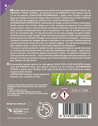 MENFORSAN Collar Antiparasitos para Gatos | Repelente con Ingredientes Naturales | Margosa, Geraniol Y Lavandino | Protección Frente A Cualquier Insecto 200 g