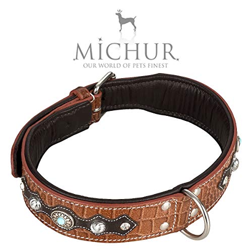 MICHUR Lakota Collar de Perro en Cuero, Collar para Perros, MARRÓN, Cuero, Piedras Azules con RIVOS Redondos, Disponible en Varios tamaños, Collar Cuero