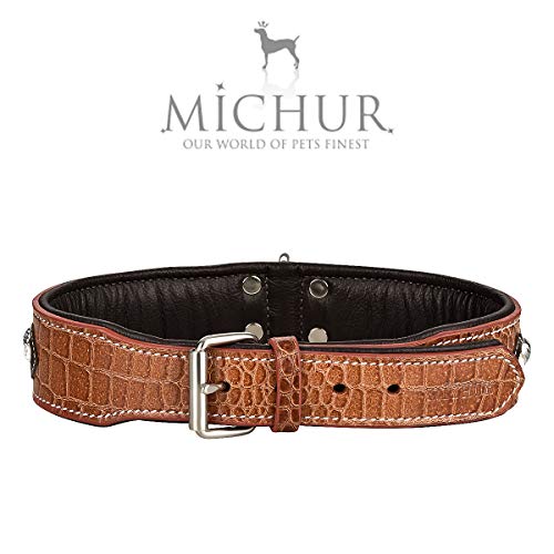 MICHUR Lakota Collar de Perro en Cuero, Collar para Perros, MARRÓN, Cuero, Piedras Azules con RIVOS Redondos, Disponible en Varios tamaños, Collar Cuero