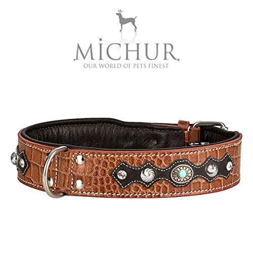 MICHUR Lakota Collar de Perro en Cuero, Collar para Perros, MARRÓN, Cuero, Piedras Azules con RIVOS Redondos, Disponible en Varios tamaños, Collar Cuero