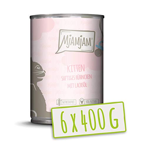 MjAMjAM - Pienso acuoso para Gatitos - Comida para Gatitos de Pollo jugoso Refinado con Aceite de salmón - Sin Cereales - 6 x 400 g