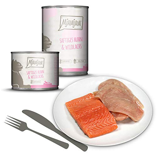 MjAMjAM - Pienso acuoso para Gatos - Jugoso Pollo y salmón Salvaje - Sin Cereales - 6 x 800 g