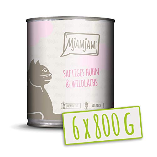 MjAMjAM - Pienso acuoso para Gatos - Jugoso Pollo y salmón Salvaje - Sin Cereales - 6 x 800 g