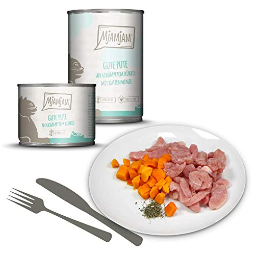 MjAMjAM - Pienso acuoso para Gatos - Mix Pack III 1* Carne de Caza y Conejo, 1* Pavo con Calabaza, 1* Pato, 1* Pollo, 1* Ternera, 1* Corazones - Sin Cereales - 6 x 800 g