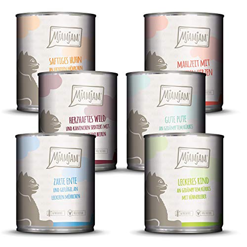 MjAMjAM - Pienso acuoso para Gatos - Mix Pack III 1* Carne de Caza y Conejo, 1* Pavo con Calabaza, 1* Pato, 1* Pollo, 1* Ternera, 1* Corazones - Sin Cereales - 6 x 800 g