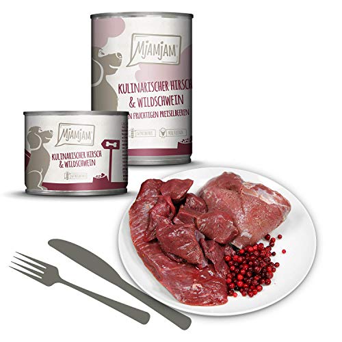 MjAMjAM - Pienso acuoso para Perros - Ciervo y jabalí Gourmet con arándanos afrutados - Natural - 6 x 200 g