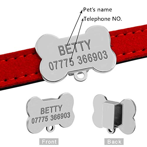 MMWW os Collar de Cachorro de Perro Chihuahua Personalizado Etiquetas de identificación de Hueso grabadas para Perros pequeños medianos Campana XS S-Red_S