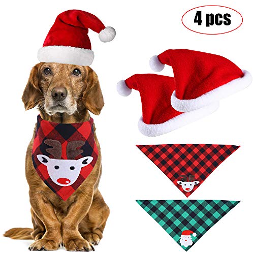 Movein Pañuelo para Mascotas, Bandana para Perro, 2 Unidades de Gorro de Navidad y 2 pañuelos a Cuadros para Perros pequeños, medianos y Grandes