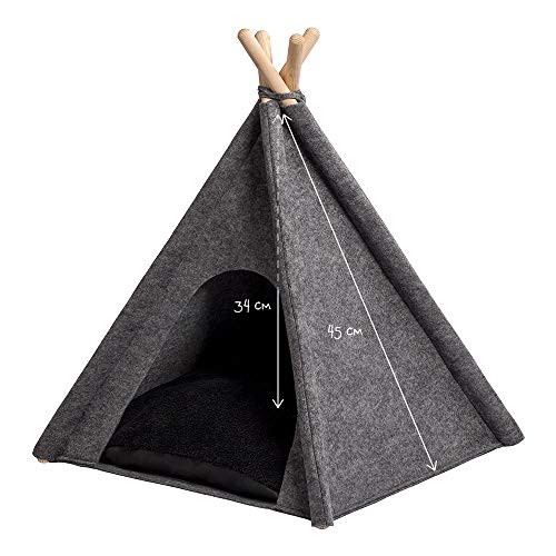 MYANIMALY Animaly Tipi-Tienda De Campaña para Animales Domésticos como Perros Y Gatos, con Cojín Utilizable por Ambos Lados, Estructura De Madera De Pino, Grau/Schwarz, 60 x 60 cm