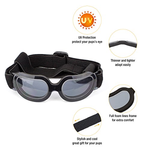 Namsan Perros Gafas de sol Protección UV Resistente al agua resistente al viento para Doggy Puppy Gatos con tirantes desmontables y de ajuste suave marco