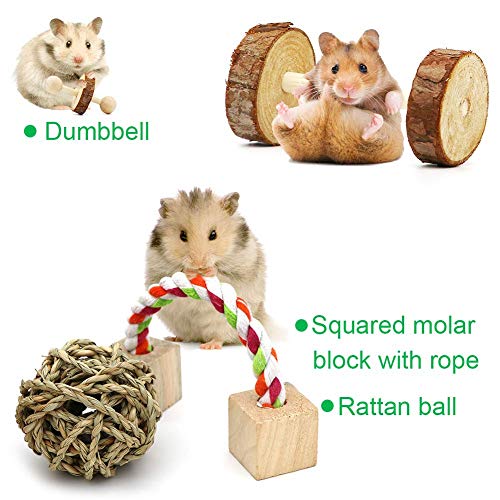 NNuodekeU Hámster Masticar Juguetes, 10 Unidades de Madera Natural de Pino cobayas Ratas Chinchillas Juguetes Accesorios Mancuernas Ejercicio Bell Roller tee