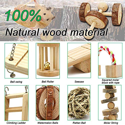 NNuodekeU Hámster Masticar Juguetes, 10 Unidades de Madera Natural de Pino cobayas Ratas Chinchillas Juguetes Accesorios Mancuernas Ejercicio Bell Roller tee