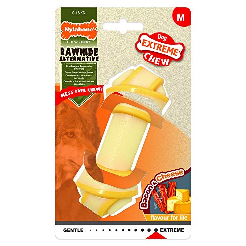 Nylabone Hueso con Nudo para Cachorros Alternativo al Cuero Sabor a Queso y beicon | Juguete masticable para Perros con mordida Potente | Mediano| para Perros de hasta 16 kg