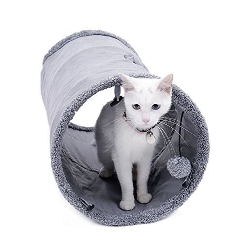 OHANA Juguete Plegable túnel de Gato en Gamuza, Gran túnel para Gato de Interior Conejos con 2 Agujeros y Bola suspendida Dia30 * 67 cm